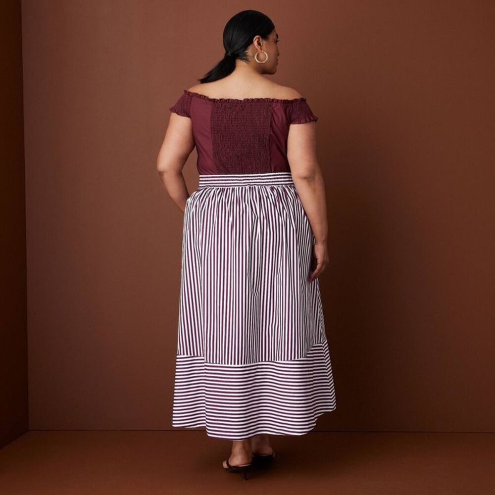 Women's Drawstring Poplin Striped Full Midi Skirt - Rosie Assoulin Burgundy 2X - Picture 2 of 4